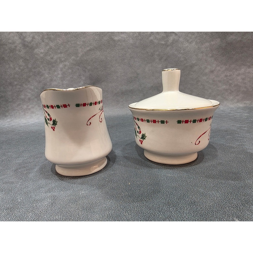 Gibson Everyday Christmas Candy Cane Holly Creamer and Lidded Sugar Bowl Set